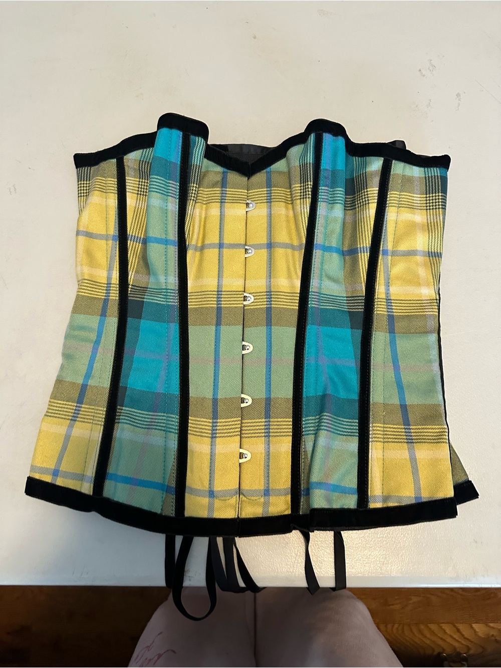Yellow & Teal Plaid Corset Top with Black Trim